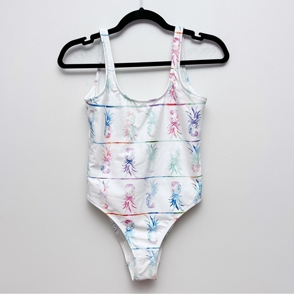 Chubbies White Multi Watercolor Pineapple Print One Piece Swimsuit Small - Picture 1 of 8
